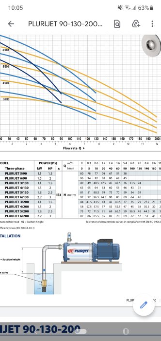 Graf över tryck och flödeskurvor för olika modeller av Pedrello-pumpar och en illustration av pumpinstallation.