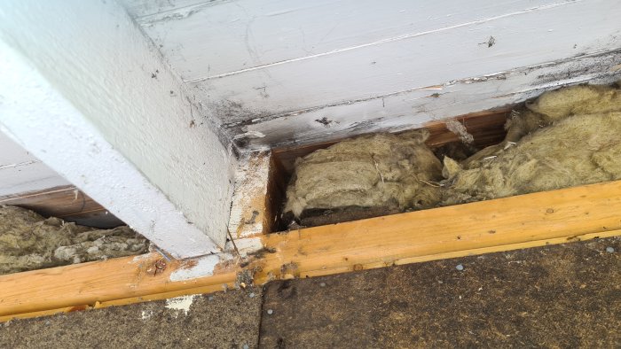 Skadad isolering och rötskador vid husets hörn under tröskeln.