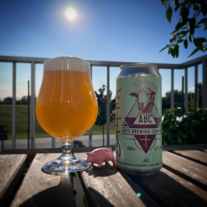 Ölglas fyllt med gul öl och en Apex Brewing Company ölburk på en träbänk i solljus.