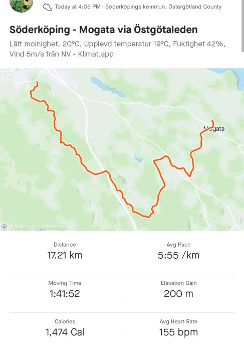 Löprunda på Östgötaleden i Söderköping: 17,21 km, tid 1:41:52, höjdskillnad 200m, 1474 kalorier.