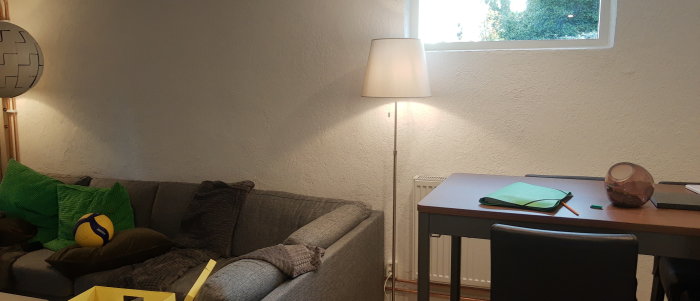 Vardagsrum med soffa, kuddar, golvlampa och skrivbord vid fönster.