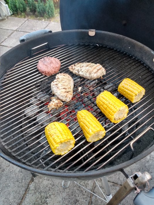 Grill med hamburgare, kycklingbröst och majskolvar över kol.