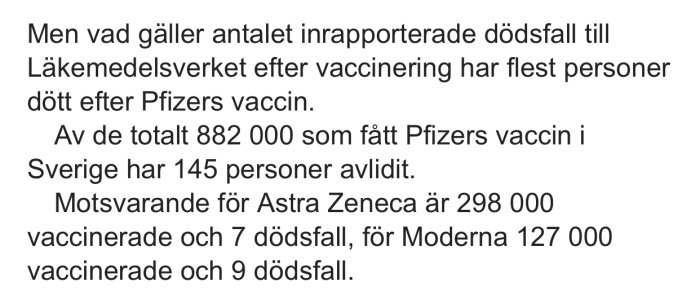 Text beskriver rapporterade dödsfall efter vaccination med olika COVID-19-vaccin i Sverige.