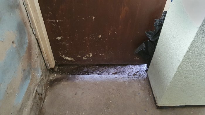 Skadad tröskel och delvis vittrad dörrkarm i en källare, med synlig skada och rester av avlägsnat material på betonggolvet.