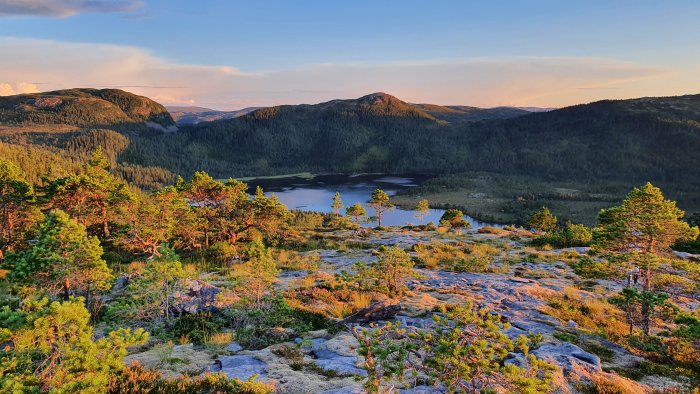 Solnedgång över ett skogsbeklätt landskap med berg och en sjö.