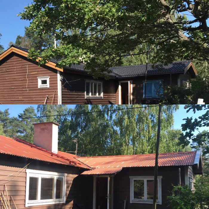 Nylagd svart takbeklädnad och träfärgade vindskivor på brunt hus, före fasadbyte till thermowood.