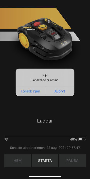 Robotgräsklippare visas i app med felmeddelandet "Landxcape är offline" och laddningsstatus på 48%.