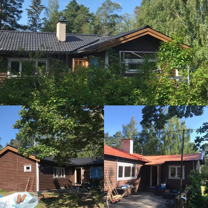 Renoverat hus med nybetongpannor och synlig skorsten, omgiven av grönska och byggmaterial på marken.