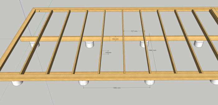 3D-skiss av en altankonstruktion med dimensioner för plintar och bärlinor.