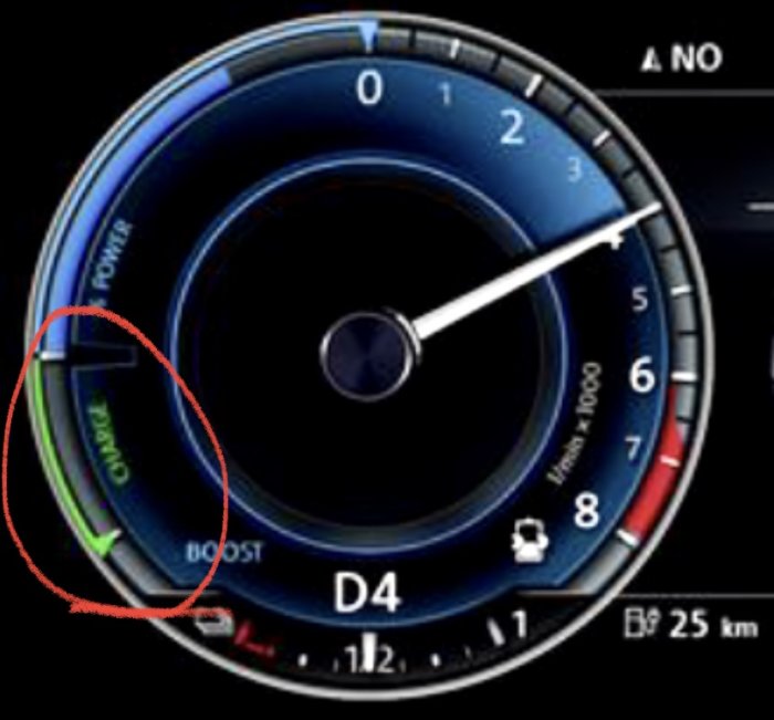 Bilens instrumentpanel med en skala som indikerar batteriets driftstemperatur.