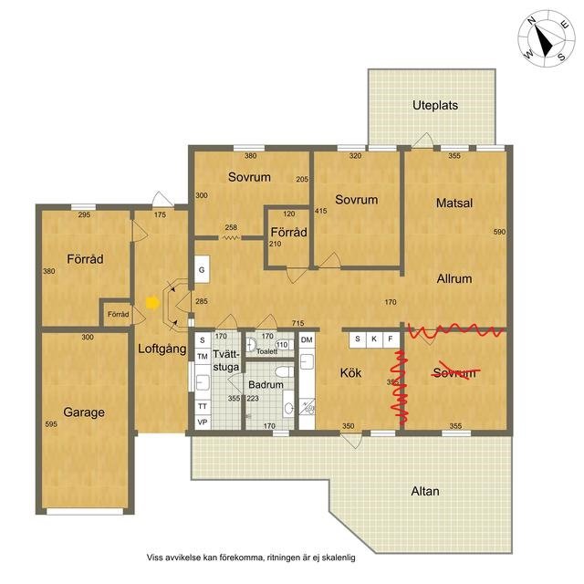 Planritning av en villa med markerade områden där innerväggar ska rivas i vardagsrummet.