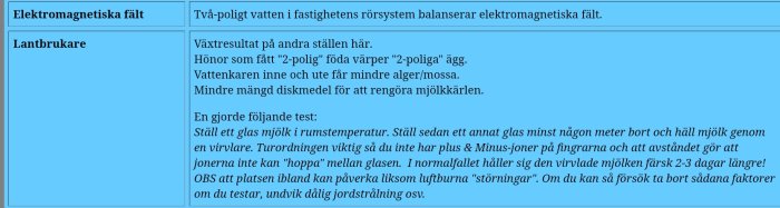 Skärmdump av ett inlägg på forum med text som beskriver en experimentell metod för förbättrad hållbarhet på mjölk.