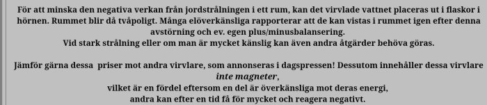 En skärmdump av en text om att använda vatten för att minska negativ jordstrålning och elektromagnetisk störning.