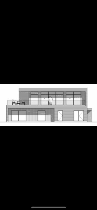 Arkitektonisk ritning av ett modernt funkishus med två våningar och stor terrass på övervåningen.