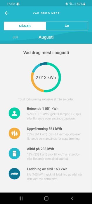 Skärmdump av energiförbrukningsapp visar totalförbrukning och fördelning av elkostnader.