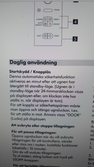 Bild av en bruksanvisning för ugn med knapplasfunktion, visande ikoner och textinstruktioner.