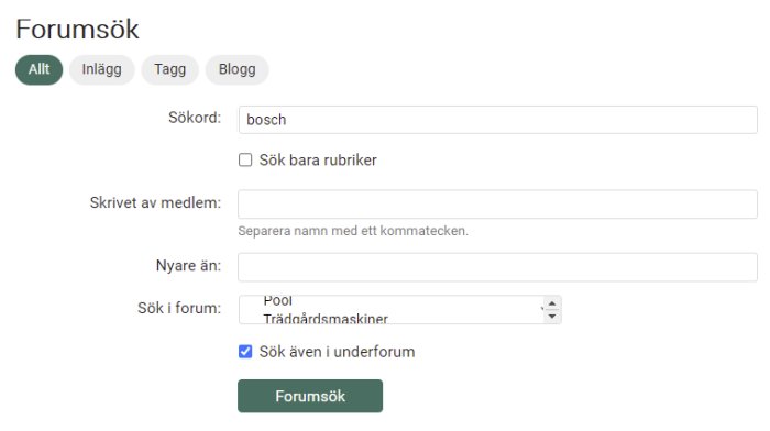 Skärmdump av Forumsöksidan med sökfält, kryssrutor, och en rullgardinsmeny inställd på "Pool".