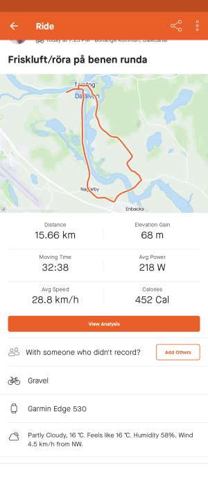 Skärmavbild av cykeltur statistik och karta över rutt som mäter 15.66 km med tid, hastighet och kaloriförbrukning.