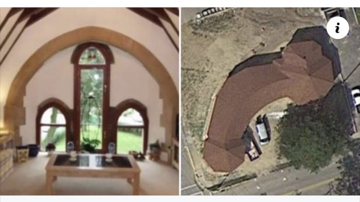 Interiör av valvbågigt rum med stort fönster och satellitbild av ett u-format hus.