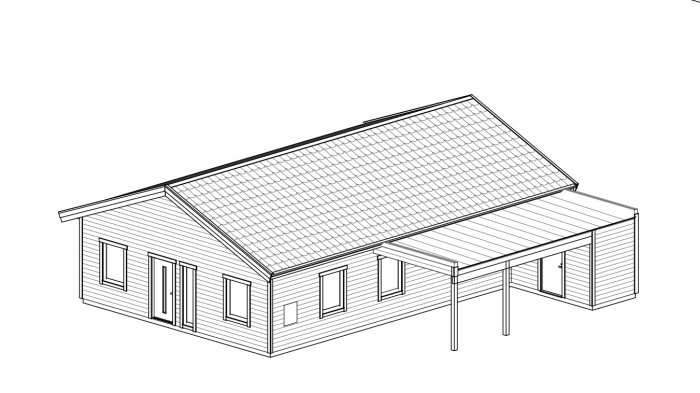 Svartvit bild av ett ritat enfamiljshus med sadeltak och planerad tillbyggnad.