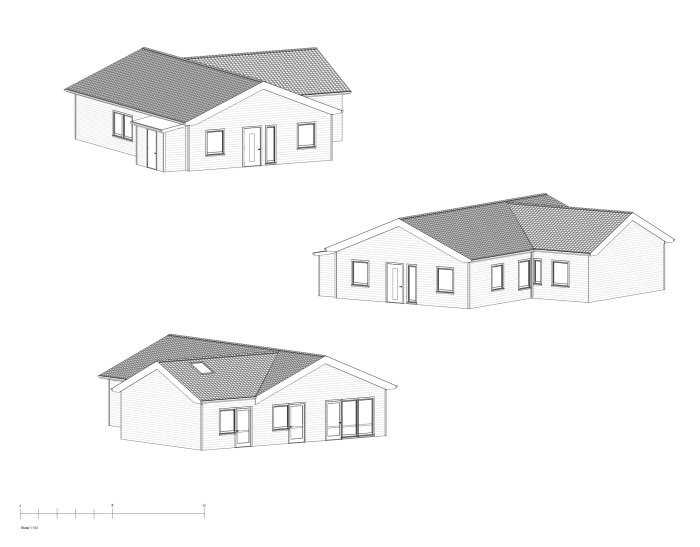 Arkitektoniska ritningar som visar ursprungligt enfamiljshus och planerad tillbyggnad med sadeltak.