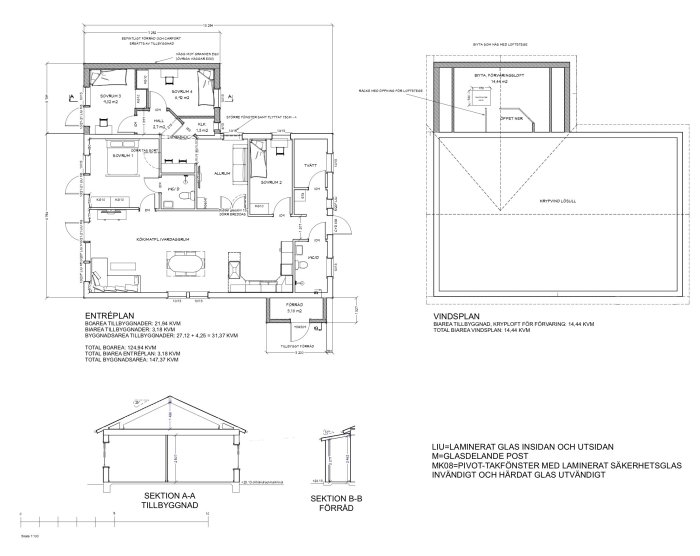 Ritningar av ett planerat hus med entreplan, vindsvåning och sektionsskisser, inklusive måttangivelser och detaljer.