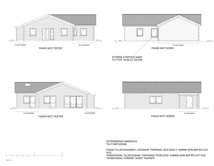 Arkitektoniska ritningar av ett hus före och efter planerad tillbyggnad med sadeltak, visar fasaderna mot öster, norr, väster och söder.