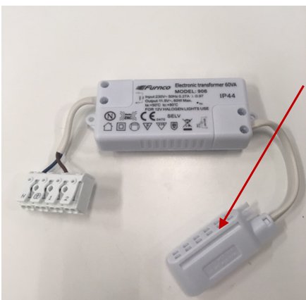 Elektronisk transformator med etiketter och snabbkopplingsanordning.