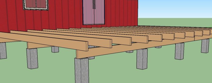 3D-modell av ett oavslutat altanbygge med träbjälkar och plintar framför en röd byggnad.