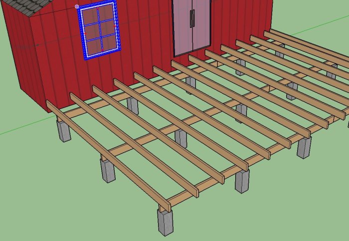 3D-ritning av ett träbjälklag med dimensionerade balkar och plintar framför en röd stuga med dörr och fönster.