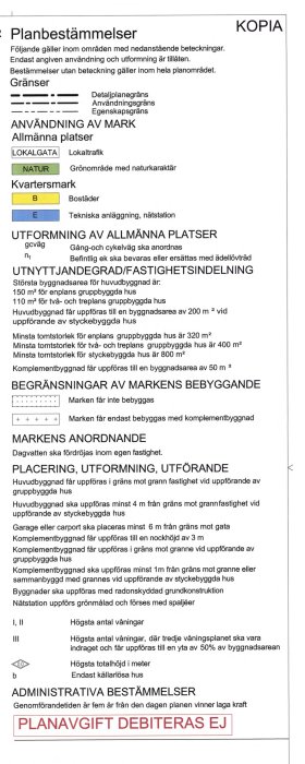 Dokument med "Planbestämmelser" som innehåller regler för användning och utformning av mark för byggprojekt.