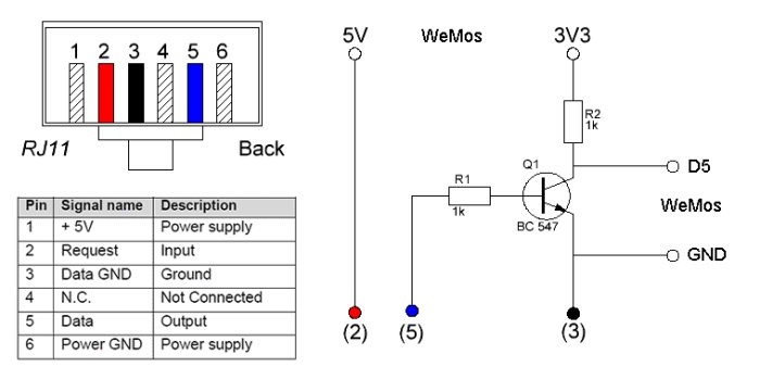 Elektriskt schema som visar kopplingar för en Wemos-enhet med RJ11-kontakt och transistor BC547.