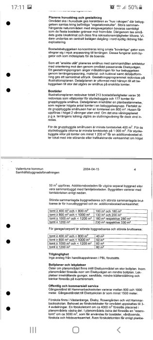 Skärmdump av text från Vallentuna kommuns detaljplan som beskriver byggregler och gestaltningsprogram för en bostadsbebyggelse.