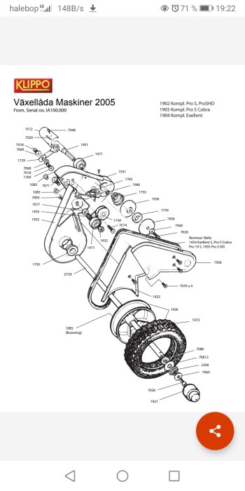 Exploded view diagram of Klippo lawnmower parts from a manual, referencing SKF 6201 2RS bearing.