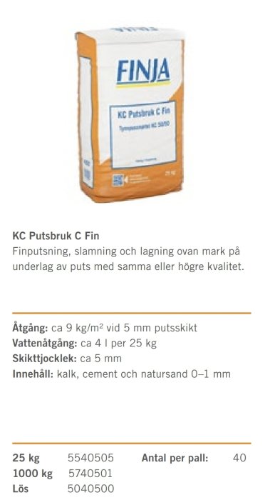 Förpackning av FINJA KC Putsbruk C Fin med produktinformation och specifikationer.