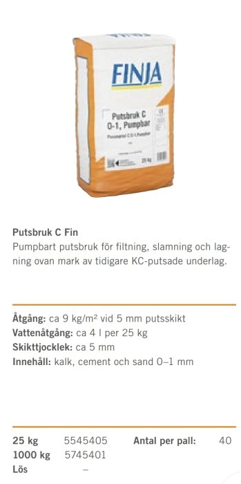 Säck av Finja Putsbruk C Fin med teknisk information för användning och ingredienser.