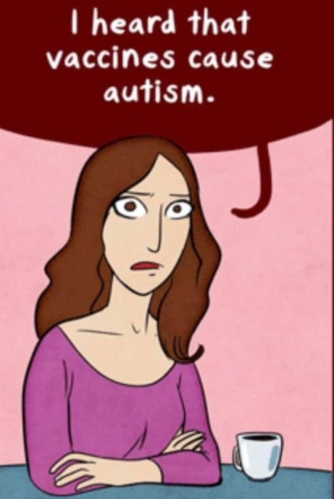 Animerad kvinna vid bord med tveksamt uttryck, pratbubbla säger "I heard that vaccines cause autism.