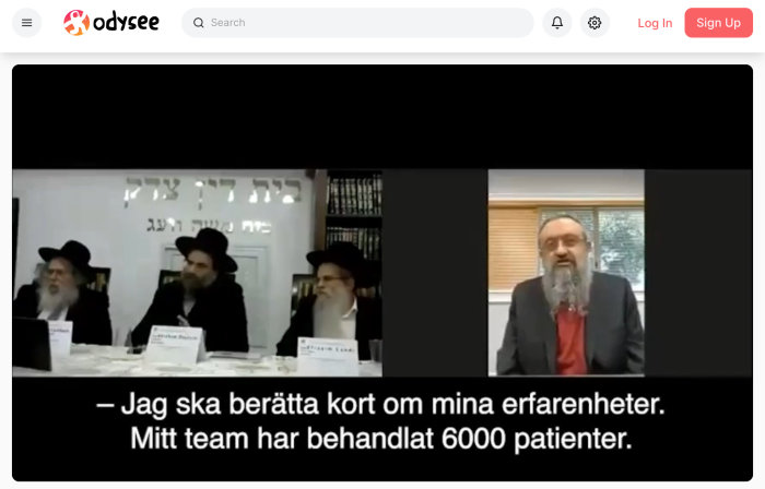 Skärmklipp från video med män i religiös judisk klädsel och citat om behandling av patienter.