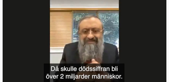 Man med skägg talar i en video med svensk textning som anger en dödssiffra relaterad till en diskussion om covid-19-behandling.