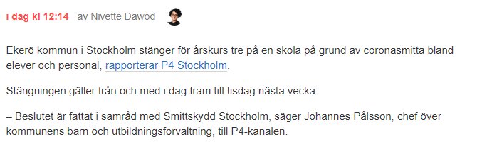 Skärmdump av ett inlägg som diskuterar stängningen av en årskurs på grund av corona.