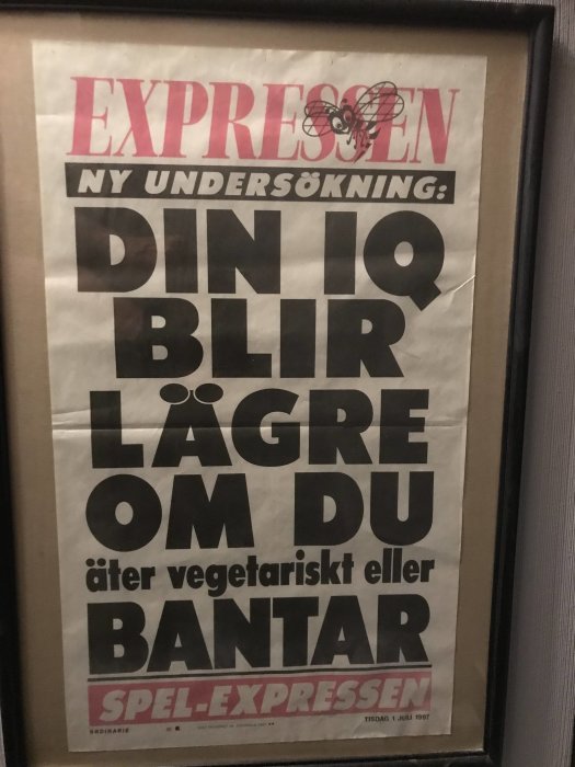 Inramad tidningssida från Expressen med rubrik om IQ och kost, daterad 1 juli 1997.