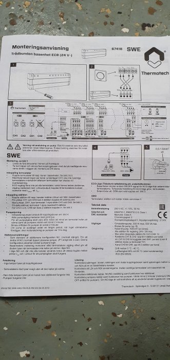 Monteringsanvisning för trådbunden basenhet EC8 inklusive diagram och tekniska specifikationer.