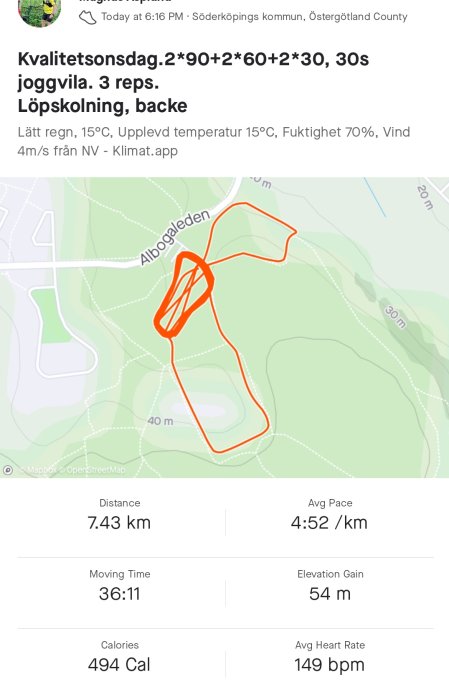 GPS-spårning av löprunda med statistik över distans, tid, tempo, höjdförändring och puls.