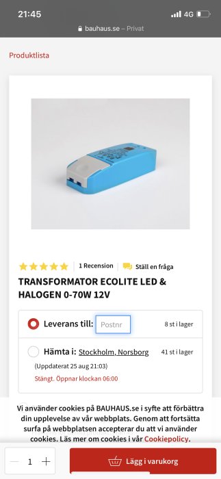 Blå och vit transformator för LED och Halogen 0-70W 12V mot vit bakgrund.