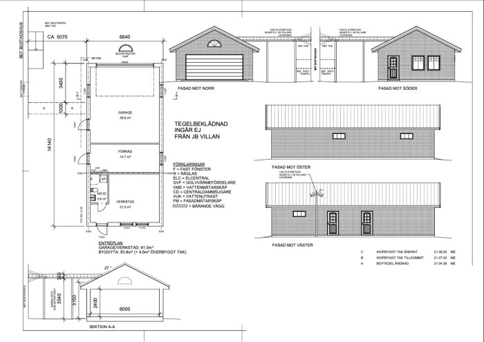 Arkitektonisk ritning av en garage- och verkstadsbyggnad med mått och fasadvyer.