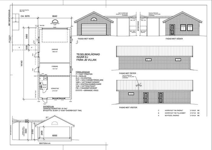 Arkitektonisk ritning av ett garage med verkstad och anslutande tak till huvudbyggnad.