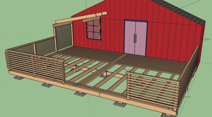 Skiss av ett byggprojekt med dimensioner som visar en friggebod med röda väggar, en dörr, fönster och öppna gaveländar.