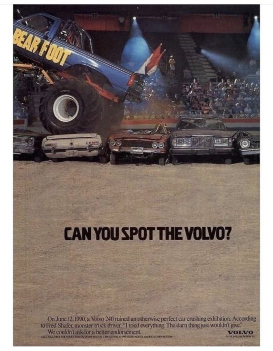 En monstertruck kör över krossade bilar med texten "Can you spot the Volvo?