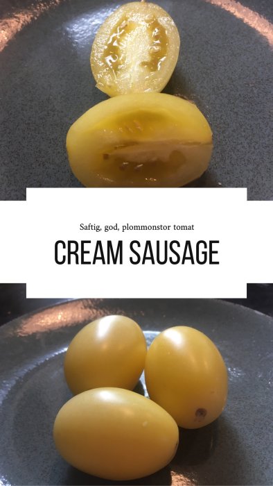 Gula plommontomater på tallrik, en halverad visar insidan. Text "CREAM SAUSAGE" indikerar sort.