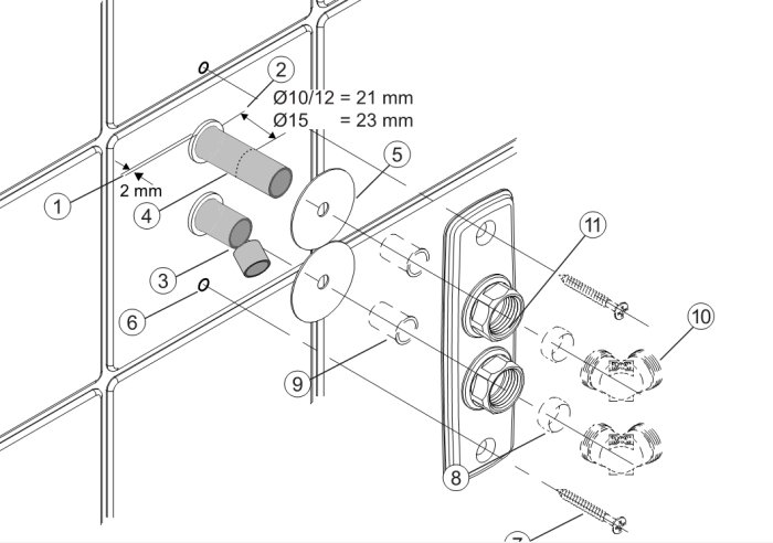 Exploded diagram showing the installation of a Vatette wall plate with required clearances for pipes against a tiled wall.